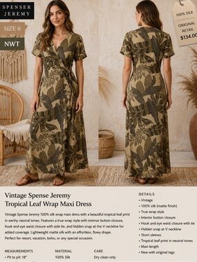 Spenser Jeremy sz 6 100% Silk Tropical Leaf Wrap Maxi Dress coastal grandma new